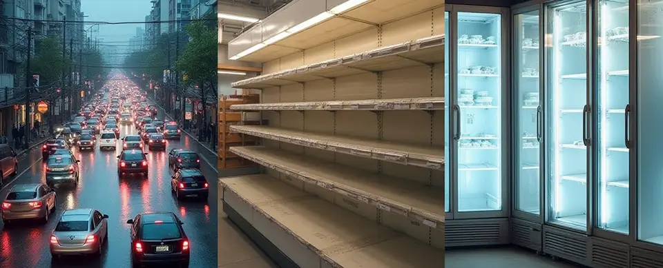 traffic gridlock + empty shelves + freezer doors